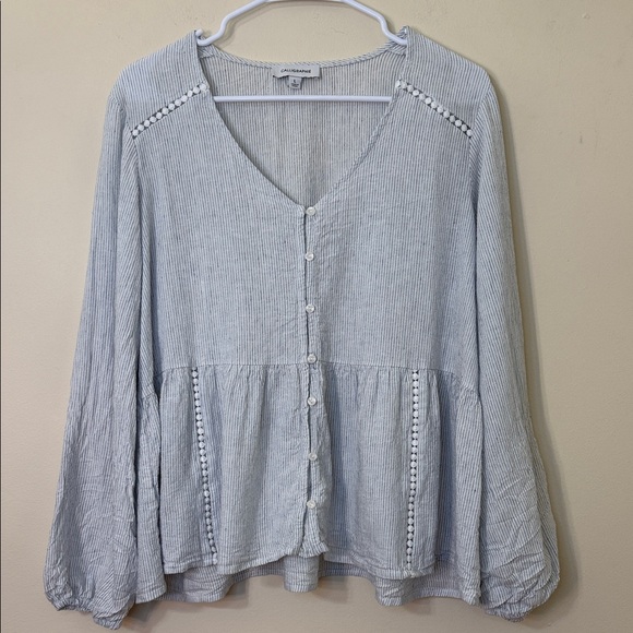 Calligraphie Linen Blend Striped Button-Down Ruffle Blouse - Picture 1 of 8